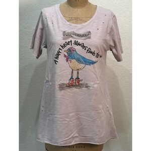 A Rare Bird Women L/XLPink Distressed T-Shirt Rhinestone A Happy Heart Bird NWT